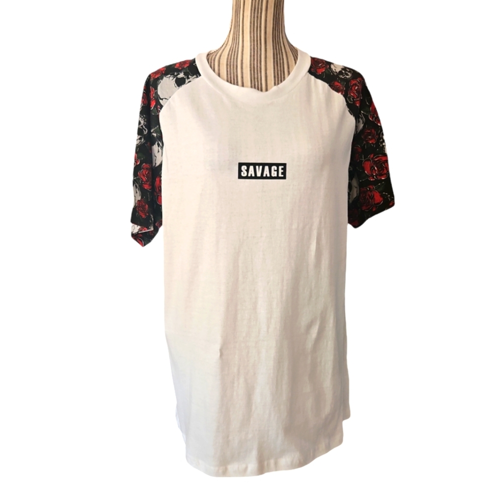 WXYZ  MFG.CO Women Savage Logo White color Baseball Sleeve Tee Shirt Size M